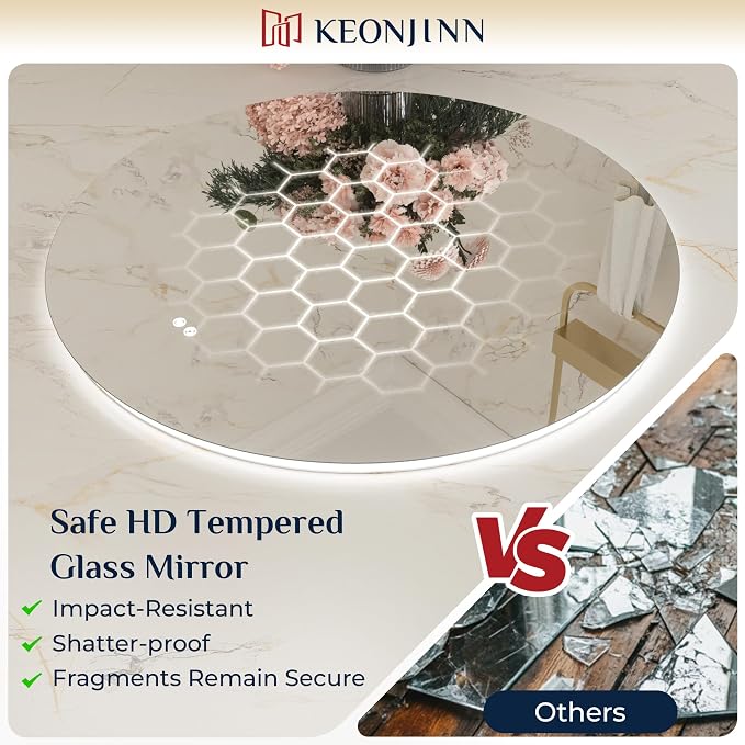 Keonjinn 28 Inch Round LED Mirror, Backlit Mirror Bathroom, 3 Color Lights | Explosion Proof Tempered Glass, Auto-OFF Defogging, Dimmable, Hardwired/Plug in, Circle Makeup Vanity Mirror with Lights