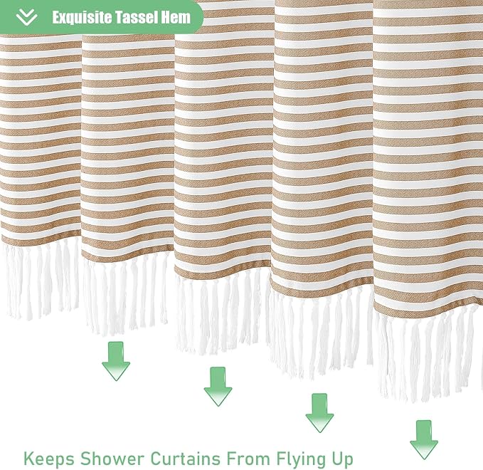 78 Inches Long Shower Curtain, Farmhouse Boho Striped Fabric Tassel Shower Curtains for Bathroom, Tall Bohemian Textured Waterproof Cloth Shower Curtain Set with Hooks, Beige, 72x78