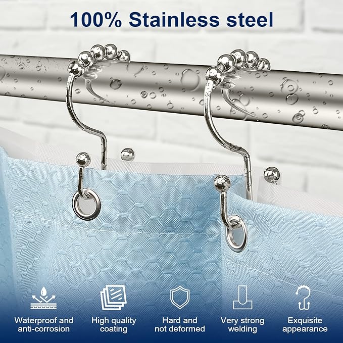 Gidse Shower Curtain Hooks,Sturdy Stainless Steel Double Sided Shower Hooks Rings for Bathroom Shower Curtain Rods Curtains Set of 12 Hooks - Nickel