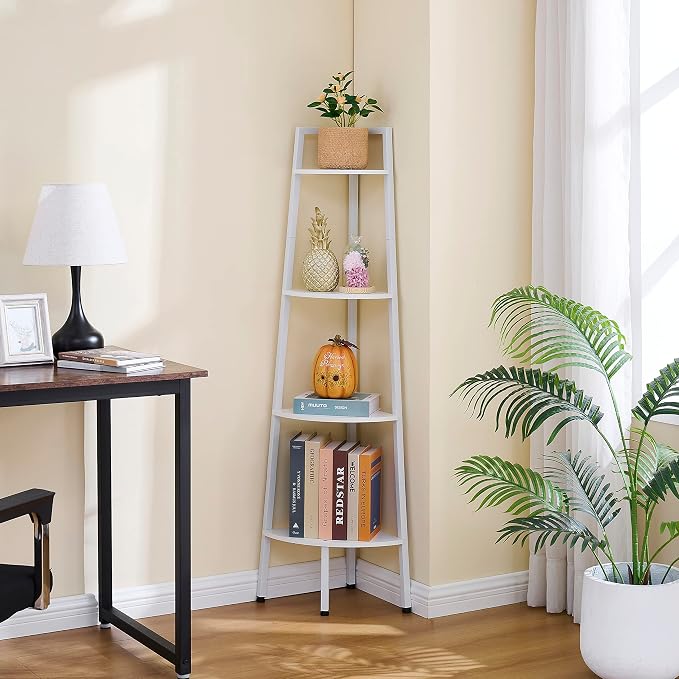 Hoctieon Corner Shelf, 4-Tier Corner Bookshelf, Rustic Corner Ladder Shelf, Industrial Display Shelf for Living Room, Kitchen, Home Office, Balcony, Small Space, Metal Frame, White