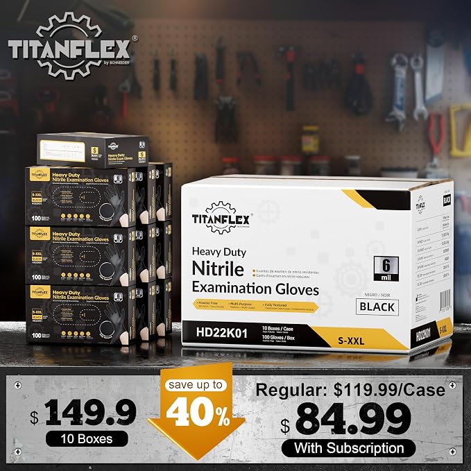 Heavy Duty Black Nitrile Gloves, 6 Mil, Fully Textured, Mechanic Disposable Gloves, Latex Free, Powder Free