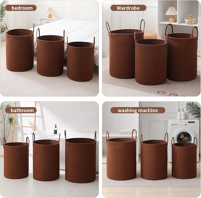 Laundry Basket Hamper Tall Rope Storage Woven for Blanket toys Dirty Clothes in Living Room Bathroom Bedroom (Dark Brown, 60L/15.8Gal)