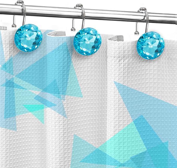 Sunlit Luxury Design Round Aqua Blue Diamond Crystal Gem Bling with Glide Balls Shower Curtain Hooks, Rust Proof Metal Rhinestones Glam Shower Curtain Rings-12 Pack