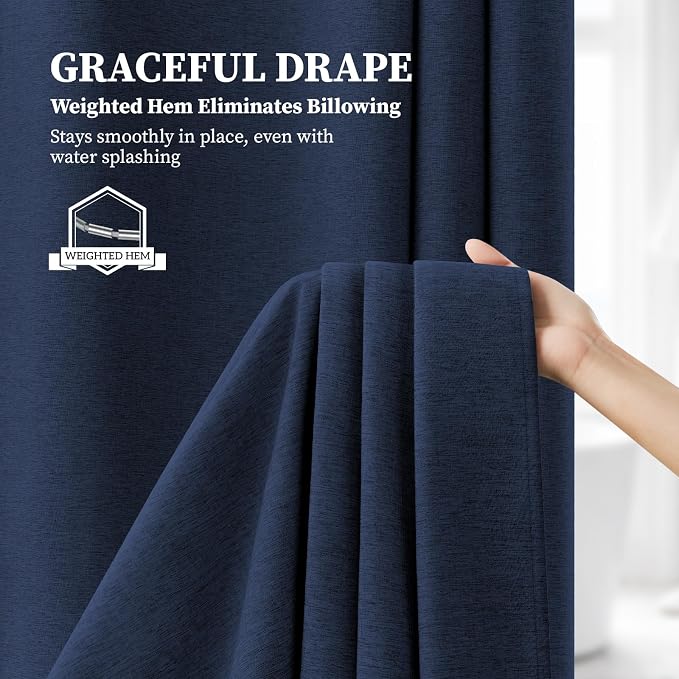 Navy Blue Linen Textured Waterproof Fabric Shower Curtain Set, 72x72 | 230GSM Polyester, Heavy Duty Cloth, Weighted Hem, 12 Plastic Hooks, Modern Hotel Style, Machine Washable, Bathroom Decor