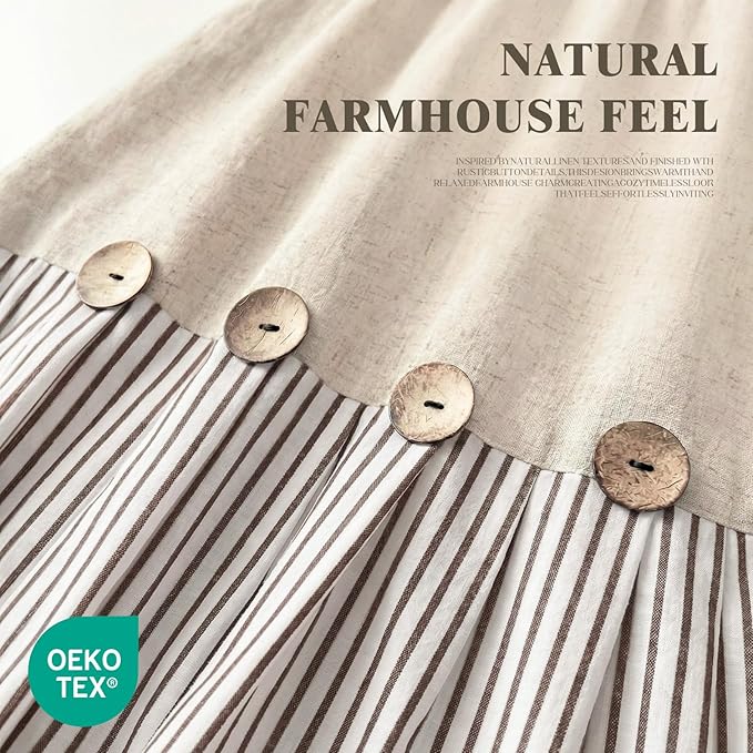 Farmhouse Shower Curtain Linen Beige Button Brown Stripe 72"W x 84"L | Farmhouse Style, Chic Button, Striped, Linen Fabric, Rustic, Country, Natural Look, Washable, for Bathroom Bathtub