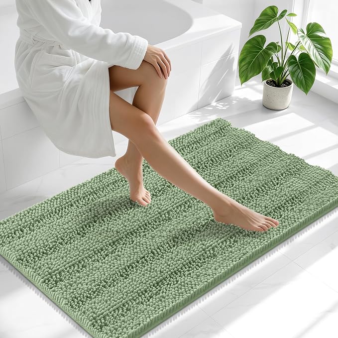 Smiry Thick Chenille Large Bathroom Runner Rugs 45x27, Bath Mat, Sage Green | Quick‑Dry & Machine Washable, Non‑Slip Bath Carpet, Soft Striped Bath Rugs for Tub & Shower, Modern Home Decor Accessories