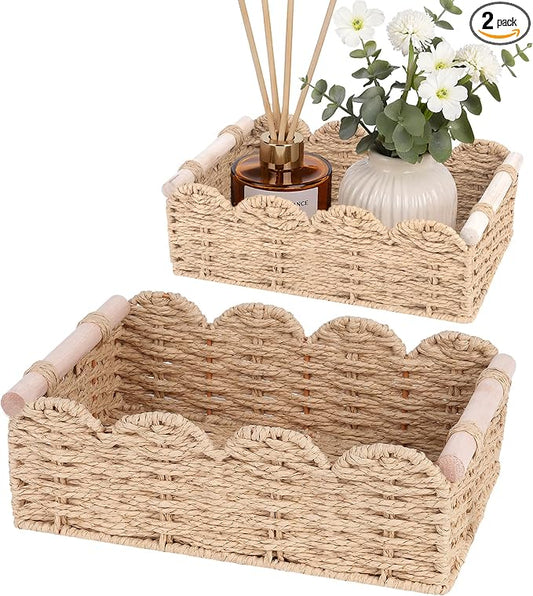 iEGrow Paper Rope Small Storage Baskets for Organizing, Set of 2 Scalloped Edge Wicker Basket with Wooden Handles Toilet Paper Basket for Over Toilet Storage Shelf, Home Decor, Living Room (Beige)