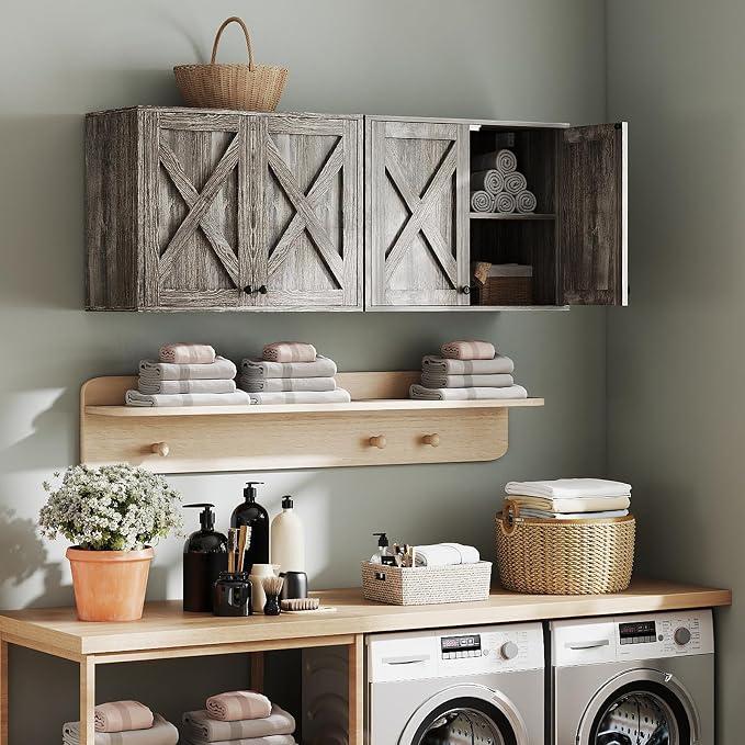 YOURLITE Laundry Cabinet, Medicine Cabinet, Bathroom Kitchen Storage Wall Mounted Farmhouse Organizer with Shelves Over Toilet, One Set of 2 Pieces X 24", Grey