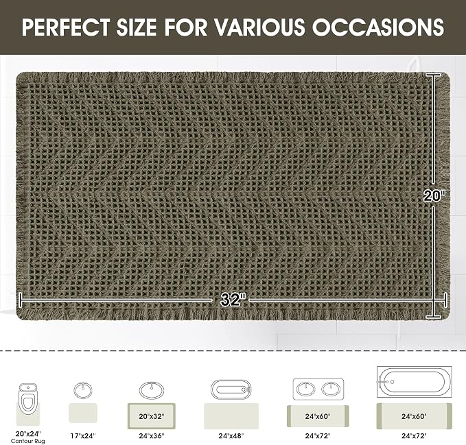 Upgraded Waffle Bath Mat, 32"x20" Greyish Green-Herringbone, Super Absorbent Non-Slip Quick Dry Bathroom Rugs with Tassels, Machine Washable Ultra Soft Boho Bath Rugs, Toilet Mats Boho Farmhouse Decor
