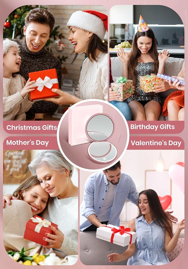Compact Mirror with Light, Rechargeable 40X Magnifying Mirror with 3 Lighting Modes & Dimmable Brightness, Portable Travel Makeup Mirror; Essentials for Travel, Pocket, Purse Gifts Rose