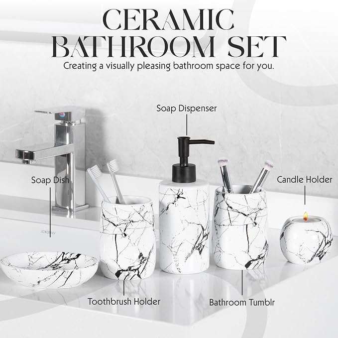 Ceramic Bathroom Accessory Set, 5-Piece Bathroom Accessory Set, Soap Dish, Toothbrush Holder, Soap Dispenser, Bathroom Tumbler & Candle Holder - Modern Bathroom Organizer, (White & Black)