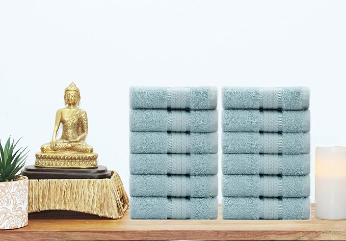COTTON CRAFT Ultra Soft Washcloths - 12 Pack 100% Ringspun Cotton Facecloth | Large 12x12 Light Blue Washcloths - Plush 580 GSM Absorbent Quick Dry Everyday Luxurious Wash Towels for Baby Spa Gym Travel