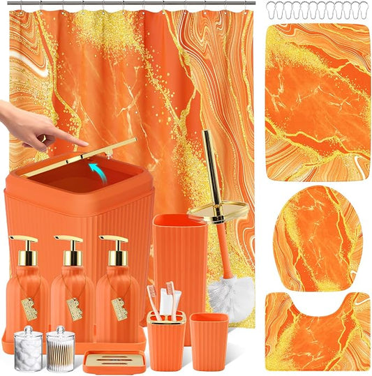 21PCS Bathroom Sets with Shower Curtain and Rugs Bathroom Accessories Set Orange Bathroom Set Complete with Trash Can, Toilet Brush, Qtip Holder & 3PCS Soap Dispenser