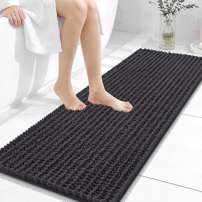 OLANLY Bathroom Runner Rugs 47x17, Thick Soft Absorbent Chenille Bath Rugs | Dark Grey, Quick-Drying Rubber Backing, Long Shaggy Bath Mat, Washable for Floor, Tub and Shower, Home Decor Accessories