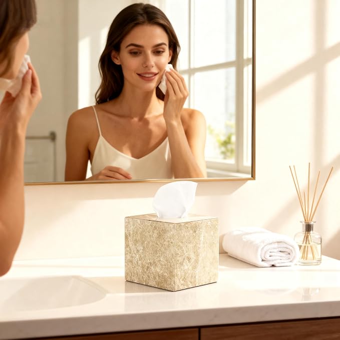 Natural Marble Tissue Box Holder Cover with Open Bottom | Square Cube Tissue Box Holder for Bathroom Vanity Tops, Bedroom Dressers, Kitchen Countertop, Light Brown