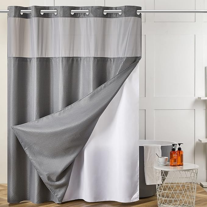 Furlinic No Hook Waffle Weave Shower Curtain with Snap in Fabric Liner,Honeycomb Textured Bathroom Curtains with See Through Top Window,Waterproof & Machine Washable,Light Grey,71x78 Inch