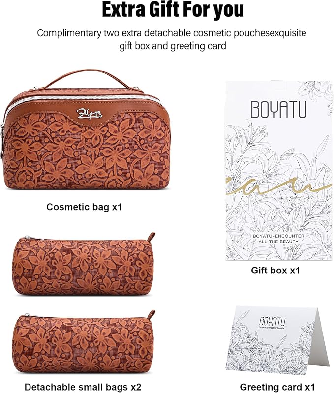 BOYATU Travel Makeup Bag Cosmetic Bags for Women: 3 Pcs Set Make up Bag | Large Capacity Waterproof Vegan Leather Organizer Bags with Compartments - Lay flat Toiletry with Handle (Z-61Brown)