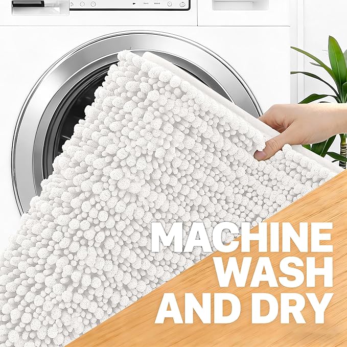 OLANLY Bathroom Runner Rugs 47x20, Thick Soft Absorbent Chenille Bath Rugs | Ivory, Quick-Drying Rubber Backing, Long Shaggy Bath Mat, Machine Washable for Floor, Tub and Shower, Home Decor Accessories