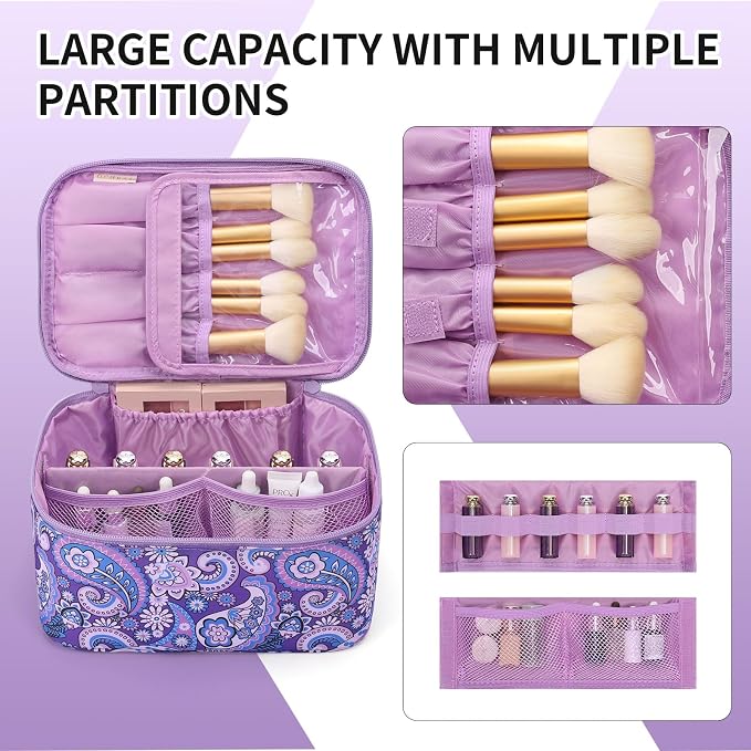 Makeup Bag - Portable Large Capacity Travel Cosmetic Case for Women with Handle and Divider Toiletry Organizer for Girls on the Go -Purple