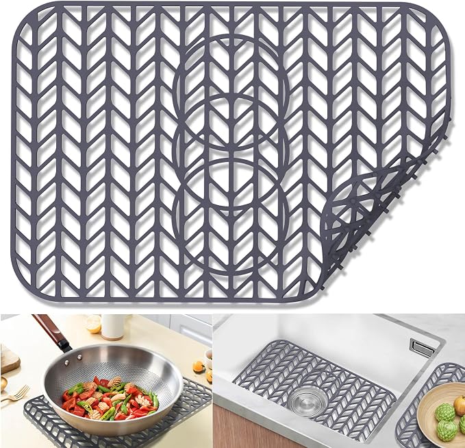 Sink Protectors for Kitchen Sink19"x13" 3 Reserved Holes Silicone Sink Mat | Various sizes and styles,Free-form cutting,Holes for different positions,Protector for sinks and dish,Food-grade silicone