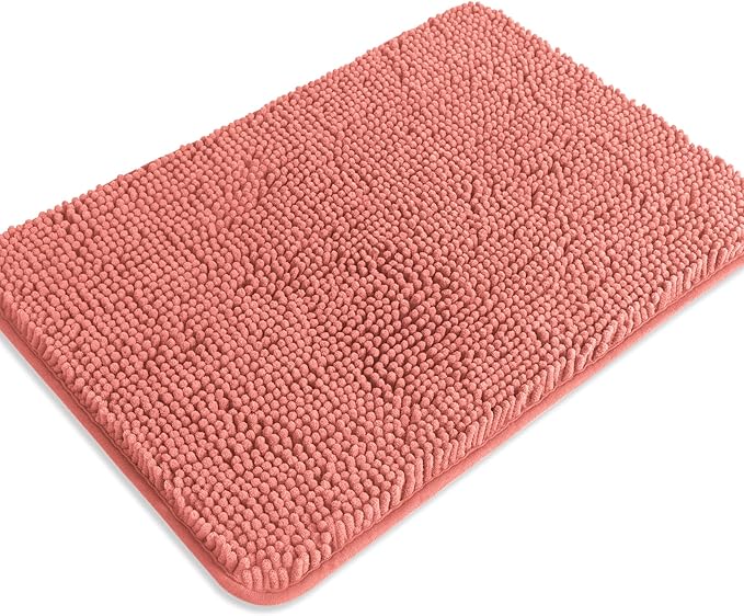 Coral Bathroom Rugs – Absorbent and Washable Bath Mat, Non-Slip, Thick Soft Chenille Bath Rugs for Bathroom Floor, Shower, Sink - 17" x 24"