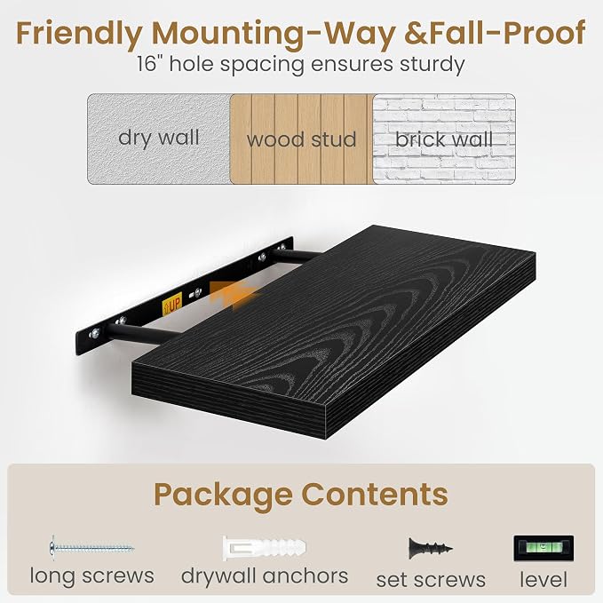 Fun Memories Black Floating Shelves 36 Inch Long, 9.3 Inch Deep Floating Shelf 2 Pack for Wall Bathroom, Living Room, Kitchen, Large Long Wall Shelves with Heavy-Duty Bracket for Books Decor