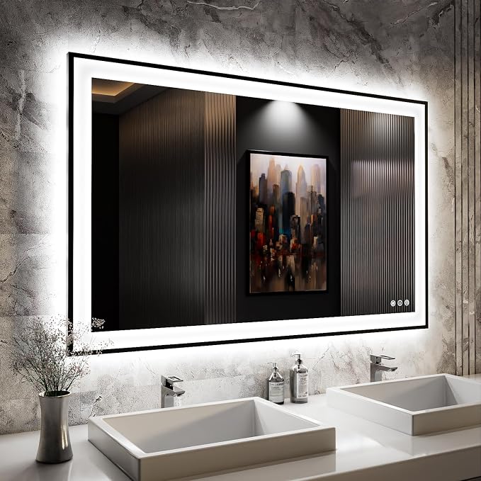 ISKM 48x30 Framed LED Bathroom Mirror, Dimmable Front & Backlit, Anti-Fog | 3 Color Temps(3000K/4000K/6000K), Stepless Dimming 10%-100%,Shatterproof Tempered Glass, IP65 Waterproof,Plug-In or Hardwired