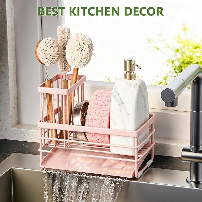 Cisily Pink Sink Caddy Sponge Holder for Kitchen with Brush Holder and Stainless Steel Self Drain Tray, Rustproof Kitchen Sink Organizer for Sponge, Soap Dispenser Storage Accessories