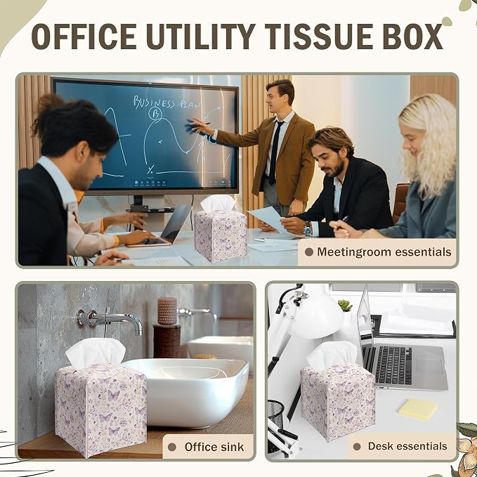 Lilac Butterflies Decorative Square Leather Tissue Box Cover - Cute Tissue Holder Gifts for Women Family and Friends Funny Unique for Home Decor Decorative for Kids Room Kitchen Bathroom Office - A30