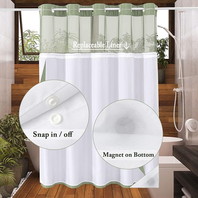 No Hook Cloth Green Shower Curtain with Liner, 72x74 | Snap-in Fabric Liner, Hotel Style with Mesh Top Window, Waterproof Coating, Machine Washable, Rustproof Grommets