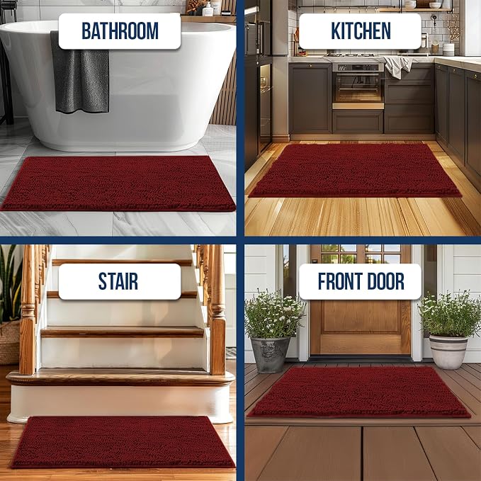 Muddy Mat Chenille Bathroom Rugs Quick Dry Microfiber Mats Non Slip Washable, Extra Thick, Soft and Highly Absorbent Bath Mats for Bathroom, Kitchen, and Shower Floor - Red Runner 59"X24"