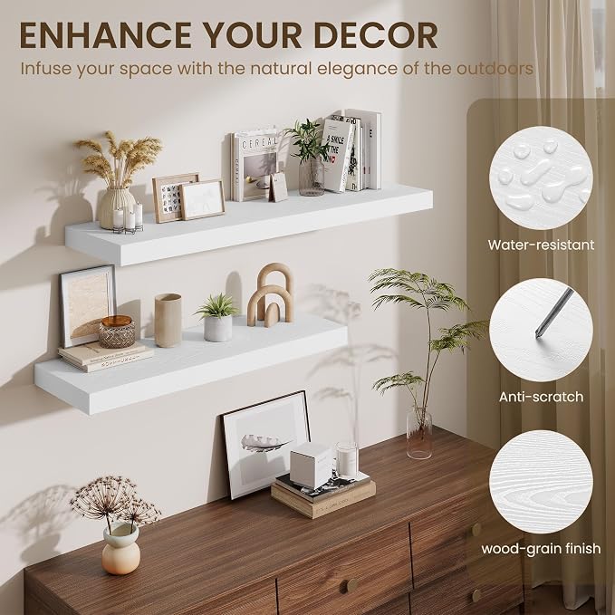 Fun Memories Floating Shelves for Wall 12 Inch, 12 Inch Deep Square Wall Shelves, Bathroom Storage Shelves Over Toilet, Wood Floating Shelves for Living Room Bedroom, White, Set of 2