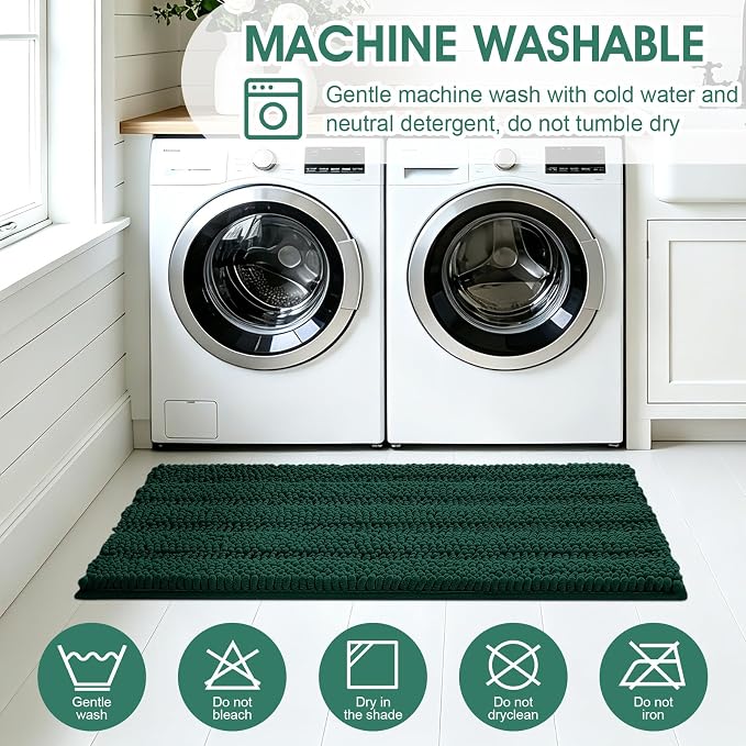 Christmas Striped Deep Green Toilet Bathroom Rug Mat Set 2 piece Rug Ultra Soft, Non Slip Chenille Bath Rugs, Absorbent Plush Shaggy Bath Mats for Bathroom, Bedroom, Kitchen, Shower, Tub