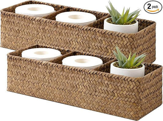 StorageWorks Toilet Paper Basket with Lid, Back of Toilet Baskets, Seagrass | Wicker Basket, Toilet Paper Storage for Back of Toilet Tank, Woven Baskets for Shelves, Wicker Baskets with 3 Compartments