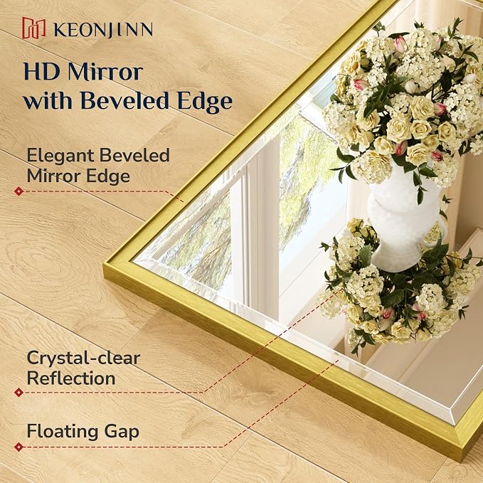 Keonjinn 60" x 36" Gold Bathroom Mirrors, Secure French Cleat Installation | Tempered Glass with Beveled Edge, Aluminum Alloy Frame, Anti-Rust, Large, Brushed Gold Bathroom Vanity Mirror for Wall