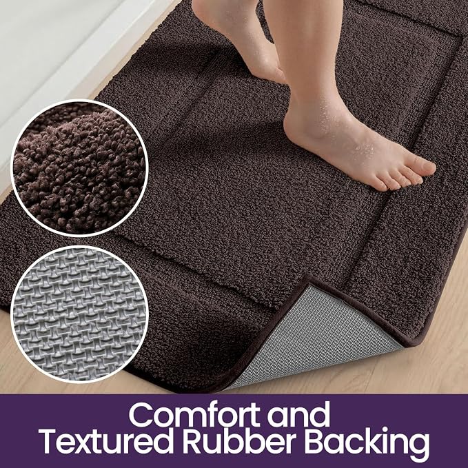 DEXI Bath Mat 24x16, Absorbent and Non Slip Bathroom Rugs, Brown | Soft Plush Microfiber Bathmat, Machine Washable & Quick Dry, Rubber Back Small Rug for Shower, Tub, Sink