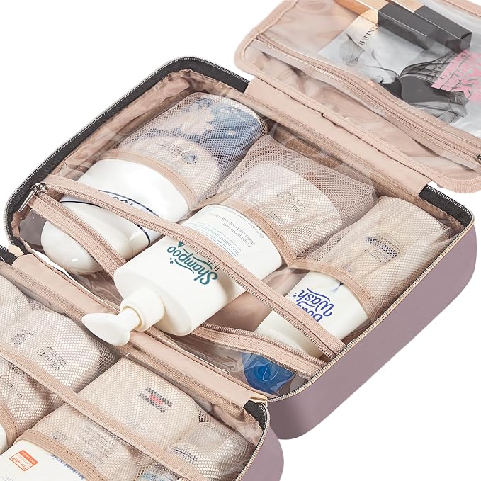 NISHEL Travel Toiletry Bag for women, Portable Hanging makeup Organizer | for Travel-Sized Shampoo, Conditioner, Brushes Set, makeup Accessories, Large Size, Peach Pink