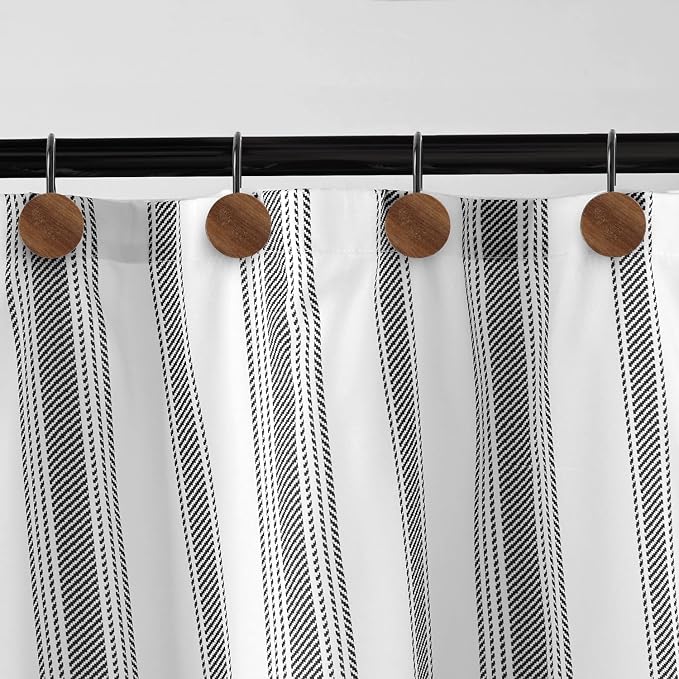 Shower Curtain Hooks, Wood Decorative Shower Curtain Rings, Modern Round Log Shower Curtain Hangers, 12PCS Shower Hooks for Shower Curtain Rod, Bedroom, Living Room (Black)