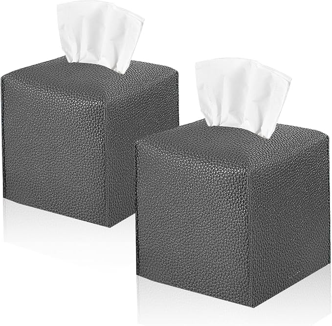 2 Pack 5"x5"x5" Square PU Leather Tissue Box Holders for Home & Office | Modern sleek design, water-resistant PU surface, fits bathroom vanity nightstand & car (Charcoal Color)