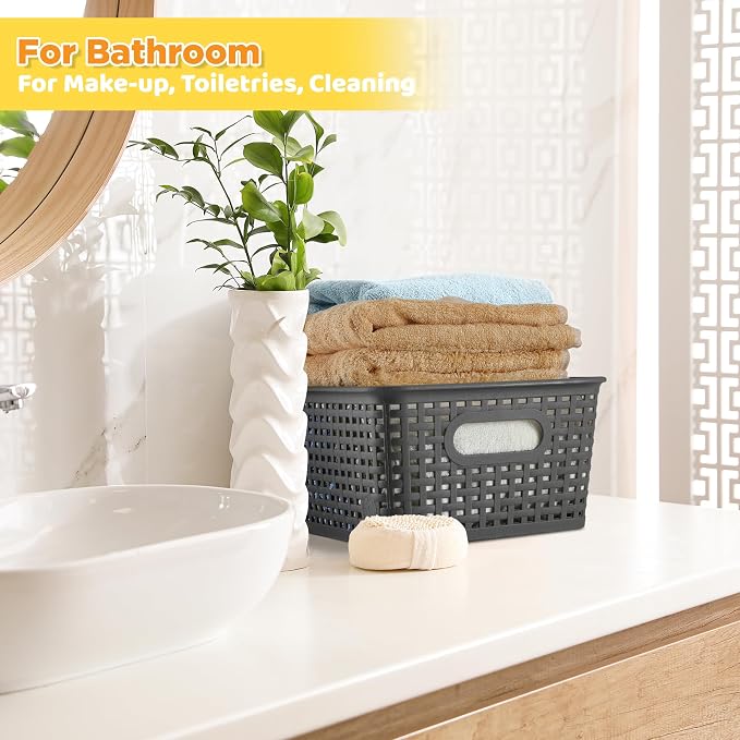 AREYZIN Plastic Storage Baskets Bins With Lid Organizing Container Lidded Knit Storage Organizer Bins for Shelves Drawers Desktop Closet Playroom Classroom Office, 6 Pack
