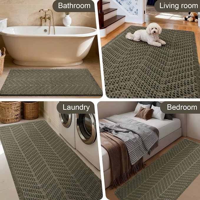 Upgraded Waffle Bath Mat, 32"x20" Greyish Green-Herringbone, Super Absorbent Non-Slip Quick Dry Bathroom Rugs with Tassels, Machine Washable Ultra Soft Boho Bath Rugs, Toilet Mats Boho Farmhouse Decor