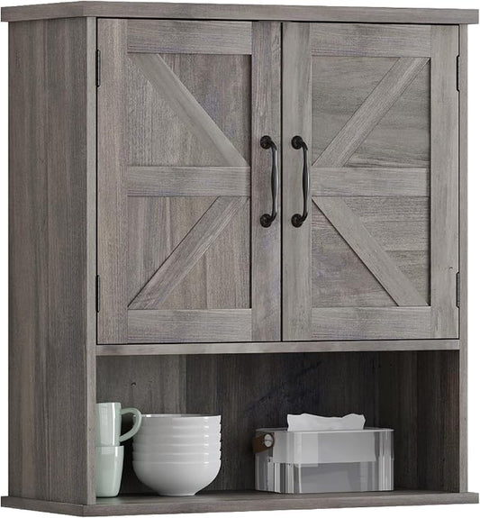Smuxee Farmhouse Bathroom Cabinet Wall Mounted, Washed Grey Small Medicine Cabinet with Adjustable Shelf, Bathroom Cabinet for Living Room, Laundry Room