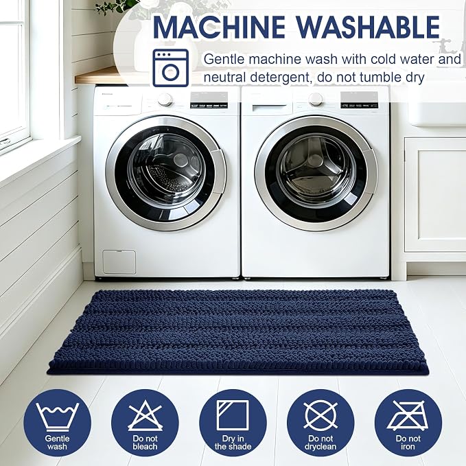 Striped Navy Blue Bathroom Rug Mat Set 2 piece 24"x17"+48"x20" Ultra Soft, Non Slip Chenille Bath Rugs, Absorbent Plush Shaggy Bath Mats for Bathroom, Bedroom, Kitchen, Shower, Tub