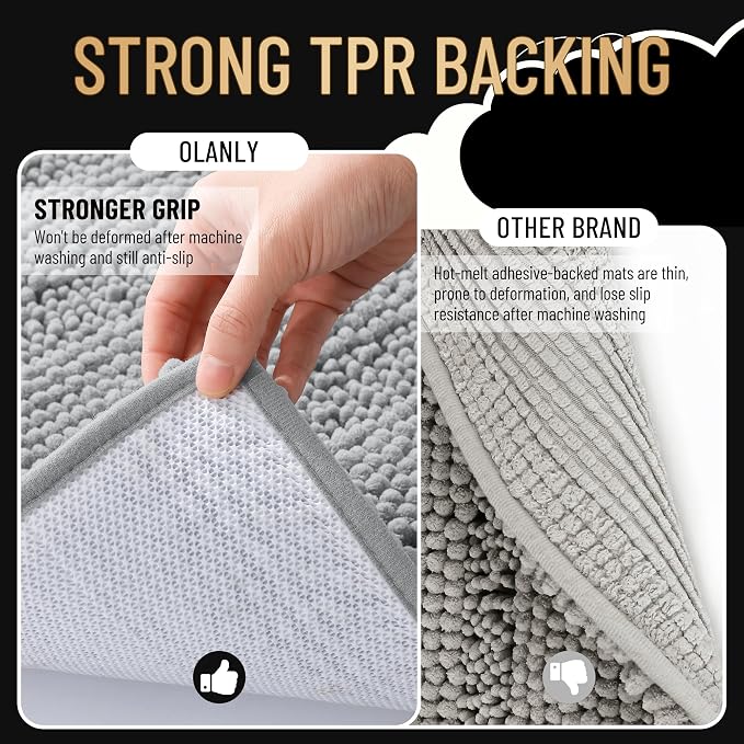 OLANLY Thick Bathroom Runner Rugs 44x24, Chenille Bath Rugs, Light Grey | Absorbent Striped, Rubber Backing, Machine Wash, Long Bath Mats for Bathroom Floor, Tub and Shower, Home Decor Accessories