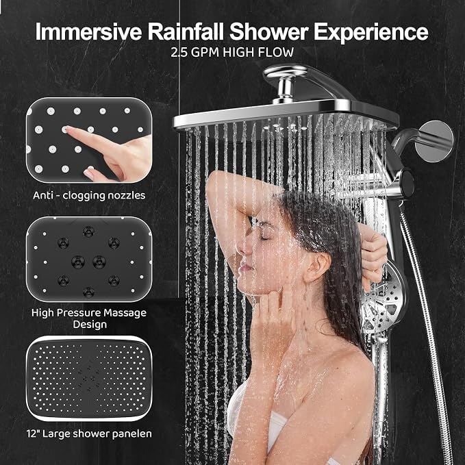 Rain Shower Head with filtered Handheld High Pressure rainfall Shower Heads with Handheld Spray Combo Adjustable one-piece stand daul shower head Built-in Magnetic Docking and Power Jets | Dual shower heads; one-piece bracket adjusts height and angle; ...
