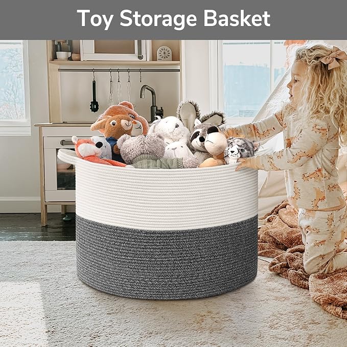 Goodpick Extra Large Woven Blanket Basket Living Room & Playroom, 115L | 23.5 x 23.5 x 15.8 In Woven Basket for Storage, Kids Toy Storage for Playroom, Laundry Basket for Towels, Gray