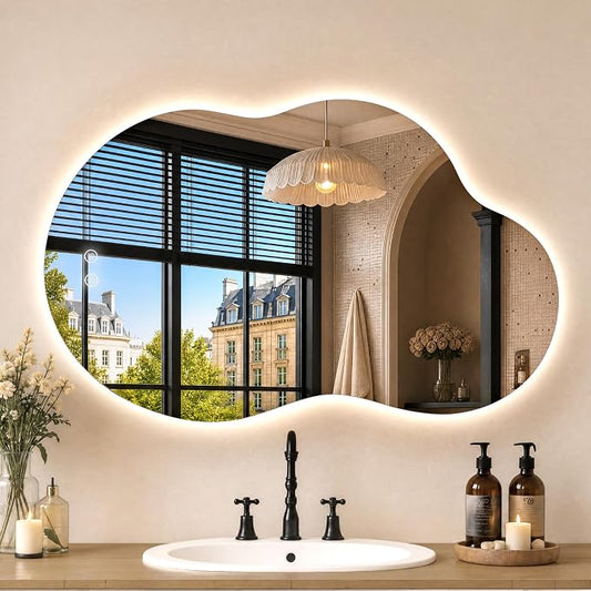 24" x 40" Irregular Backlit Bathroom Mirror, Anti-Fog | Tempered Glass, Cloud Shape, 3 Color Lighting, Stepless Dimming, Memory Function, HD Reflection, Wall Mounted