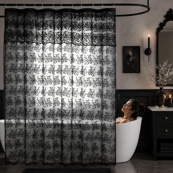 TUDECO Black Lace Shower Curtain with Valance, Gothic Style, 72 x 72 Inch | Halloween Bathroom Curtain, Moody Witchy Victorian Decor, Dark Vintage Floral, Soft Light Filtering, Scalloped Edges