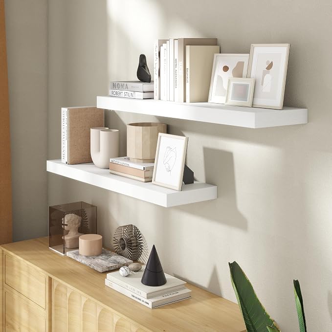 36 Inch Floating shelves for Wall, 8 Inch Deep, Invisible Brackets, White | Rustic Wall Mounted Shelf, Storage & Display, Wooden Shelves for Living Room, Kitchen, Bathroom and Home Decor, Set of 2