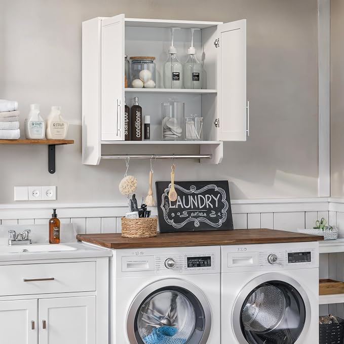 FIMELLO 29.5’’ Wall Cabinet with Hanging Rod, Laundry Room Cabinets Wall Mounted, Bathroom Wall Cabinet, Adjustable Shelf, Shaker Door, White